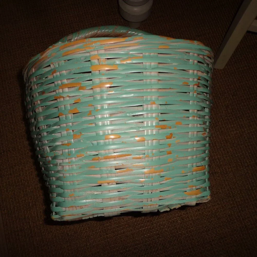 Painted Handled Wicker Basket Distressed Aqua Sturdy